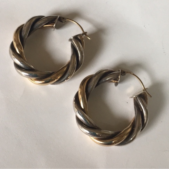 Solid 14K Yellow Gold & 925 Sterling Silver Twisted Rope Cable Hoop Earrings - Picture 11 of 12